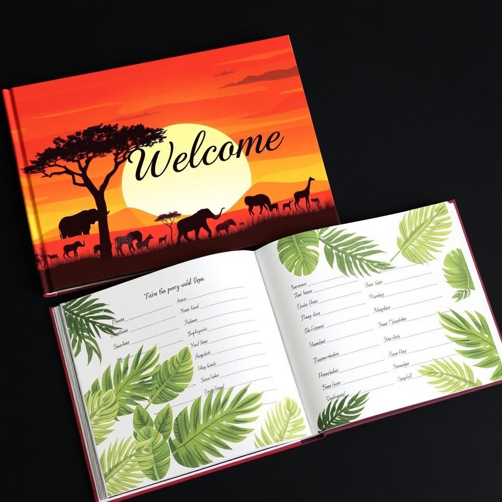 A beautifully designed welcome guest book featuring a Safari theme