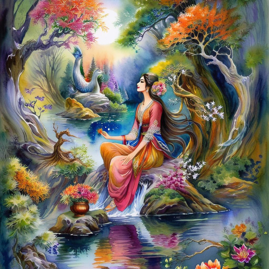 Mystical and spiritual watercolor painting of a beautiful Iranian woman sitting on a rock on a beautiful and peaceful pond in a dense forest with cypress trees, plane trees, grapevines, winding bonsai trees, and a whirlwind of colorful flowers and beautiful.