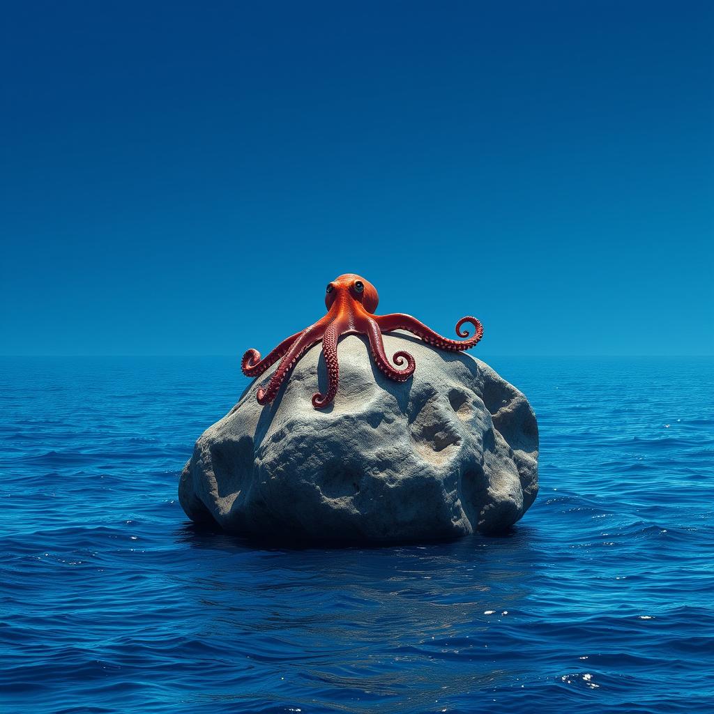 A magnificent octopus sitting on an enormous, gigantic rock at the surface of a vast, endless ocean