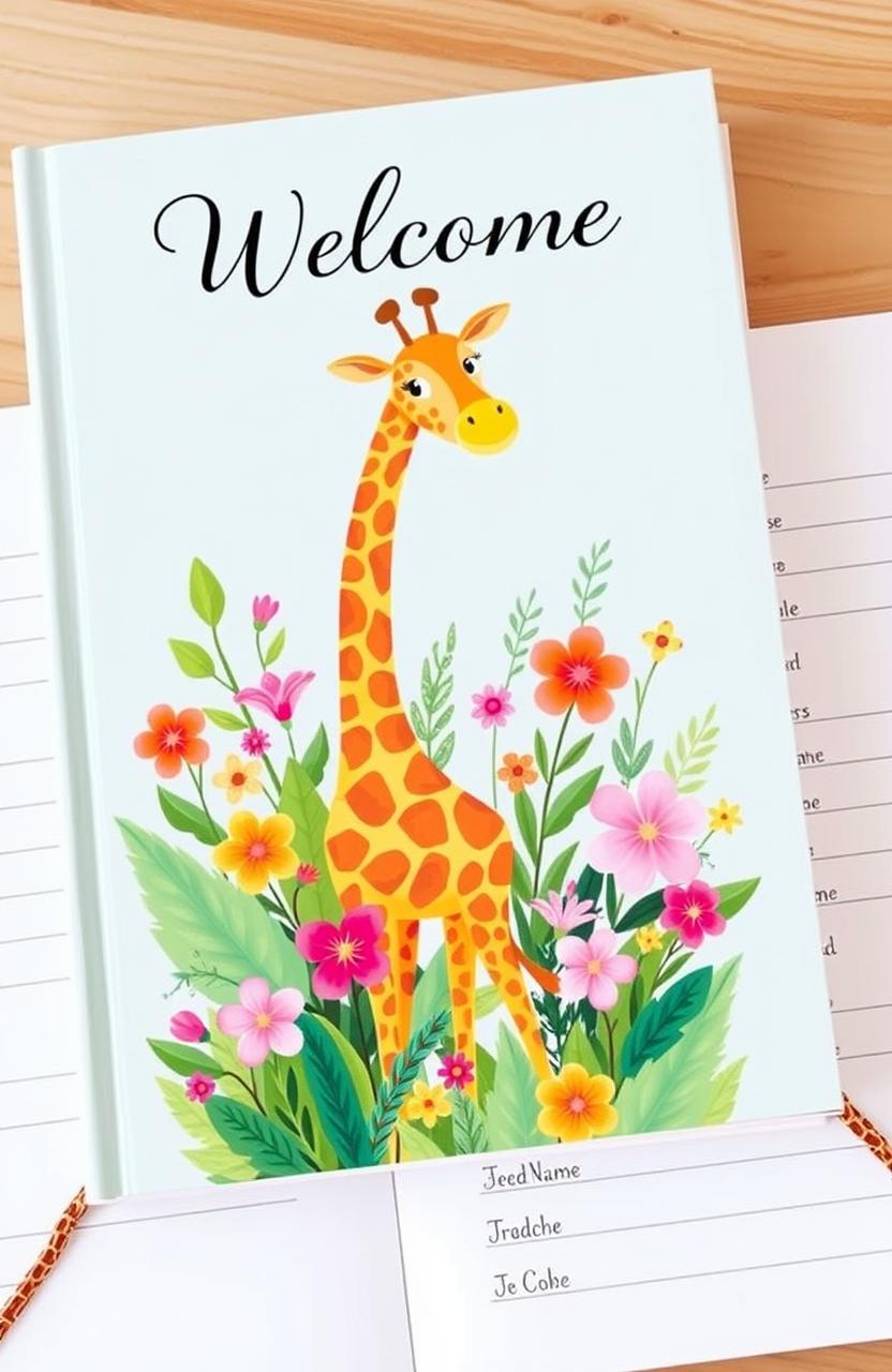 A beautifully designed welcome guest book themed around giraffes