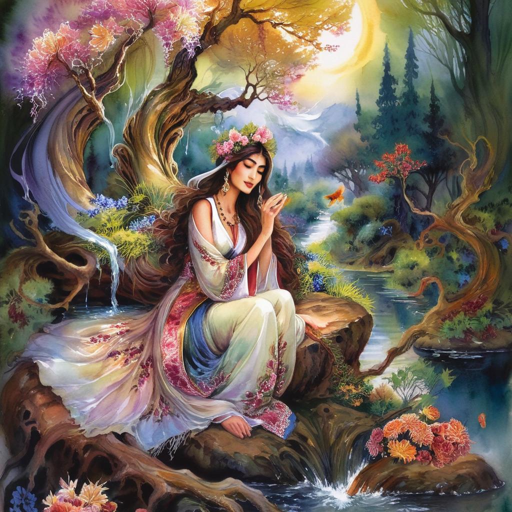 Mystical and spiritual watercolor painting of a beautiful Iranian woman sitting on a rock on a beautiful and peaceful pond in a dense forest with cypress trees, plane trees, grapevines, winding bonsai trees, and a whirlwind of colorful flowers and beautiful.