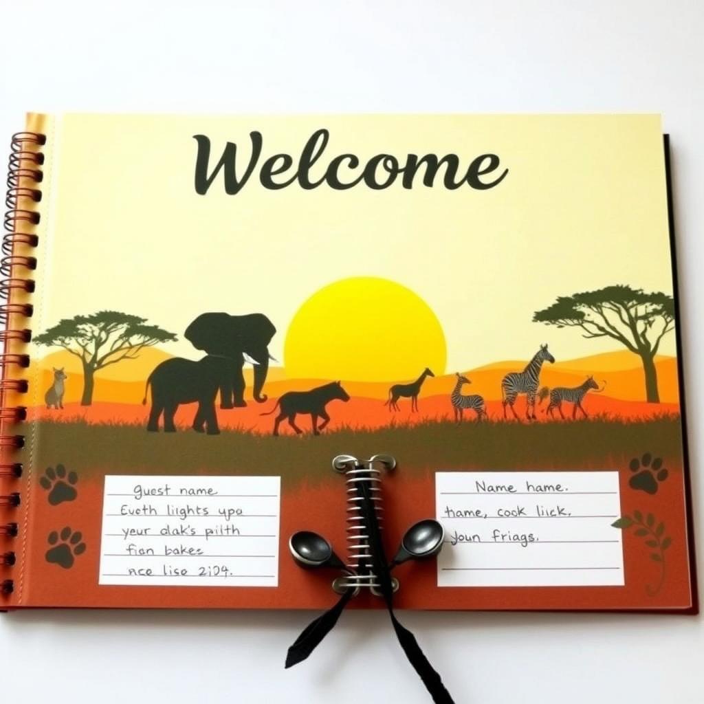 A beautifully crafted welcome guest book featuring a safari theme