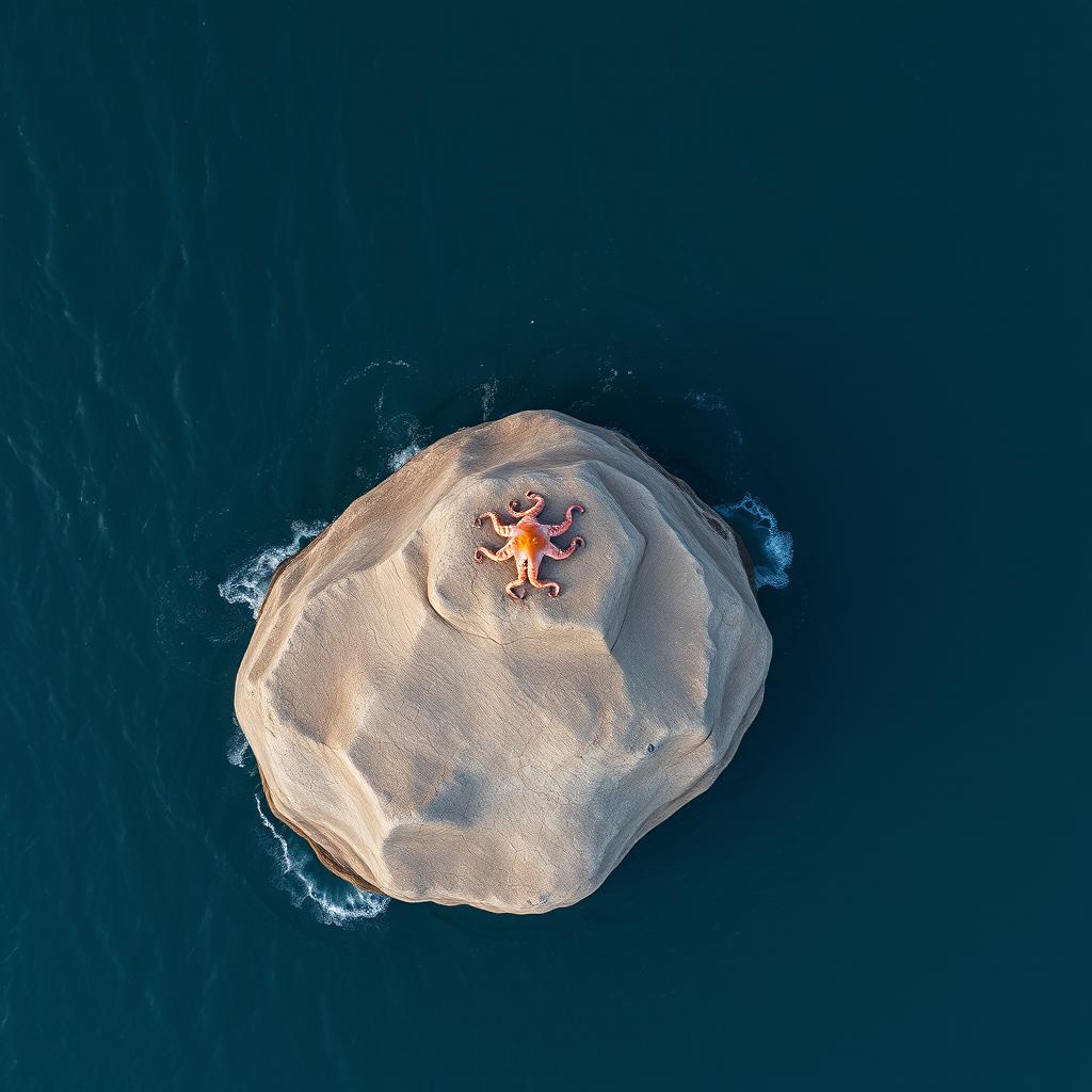 An aerial view of a small octopus perched on an enormous, gigantic rock at the surface of a vast ocean