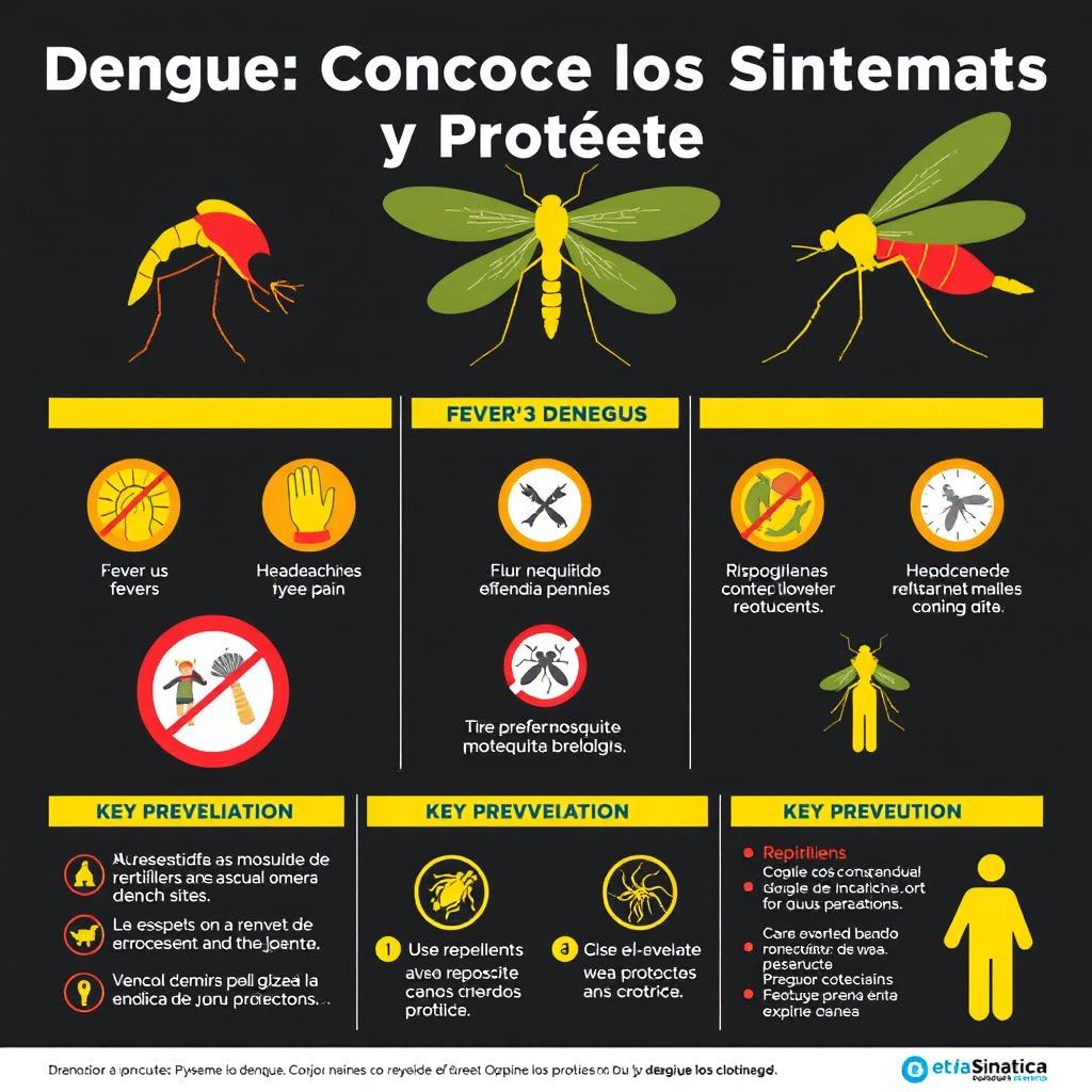 An eye-catching infographic titled 'Dengue: Conoce los Síntomas y Protégete'