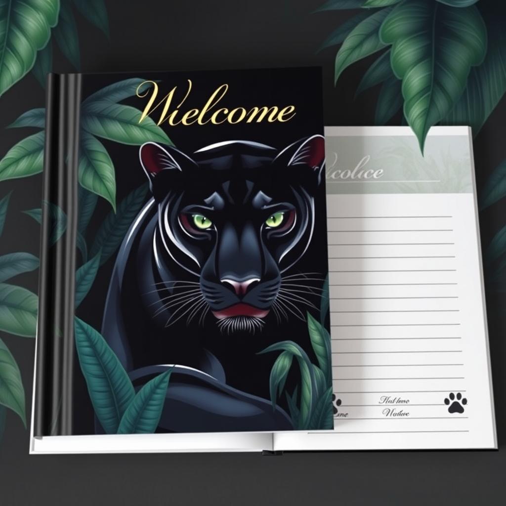 A stunning welcome guest book designed with a panther theme