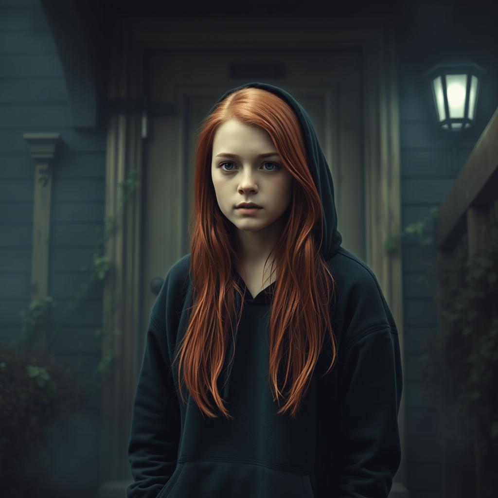 A hyper-realistic image of a white teenage girl with long red hair, wearing a dark hooded sweatshirt, standing outside the front door of an old, mysterious house