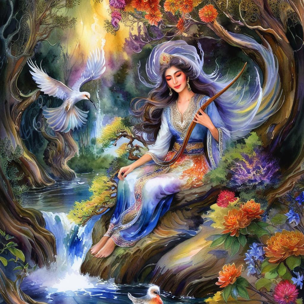 Mystical and spiritual watercolor painting of a beautiful Iranian woman sitting on a rock on a beautiful and peaceful pond in a dense forest with cypress trees, plane trees, grapevines, winding bonsai trees, and a whirlwind of colorful flowers and beautiful.