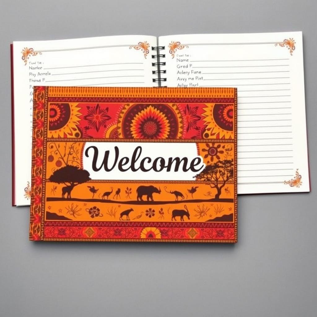 A striking welcome guest book designed with an African theme