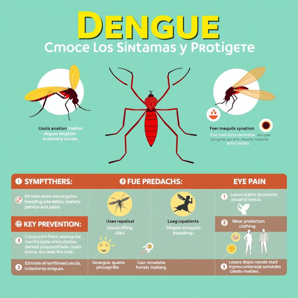 An impactful and educational infographic titled 'Dengue: Conoce los Síntomas y Protégete'