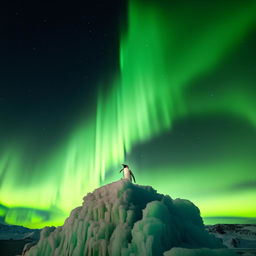 Create an image of a majestic penguin standing proudly atop a large, icy cliff against a backdrop of the northern lights.