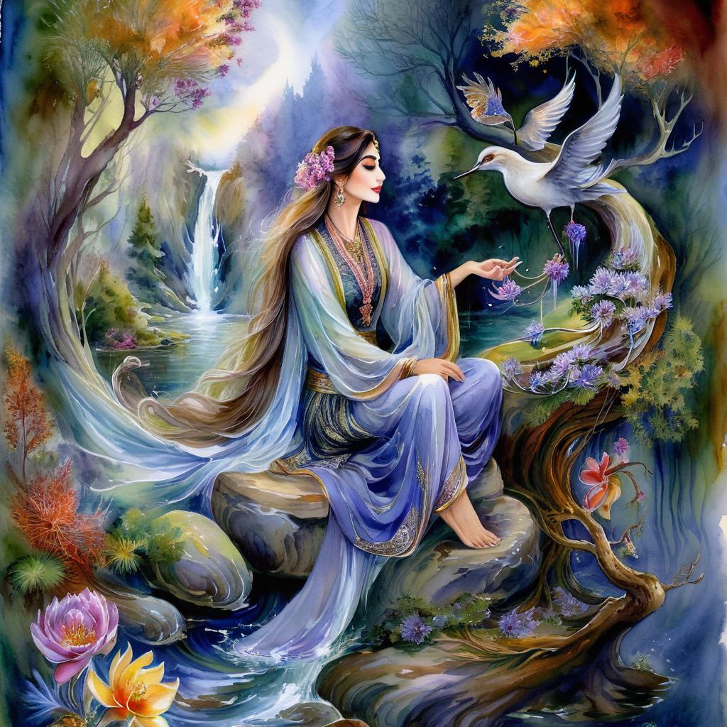 Mystical and spiritual watercolor painting of a beautiful Iranian woman sitting on a rock on a beautiful and peaceful pond in a dense forest with cypress trees, plane trees, grapevines, winding bonsai trees, and a whirlwind of colorful flowers and beautiful.