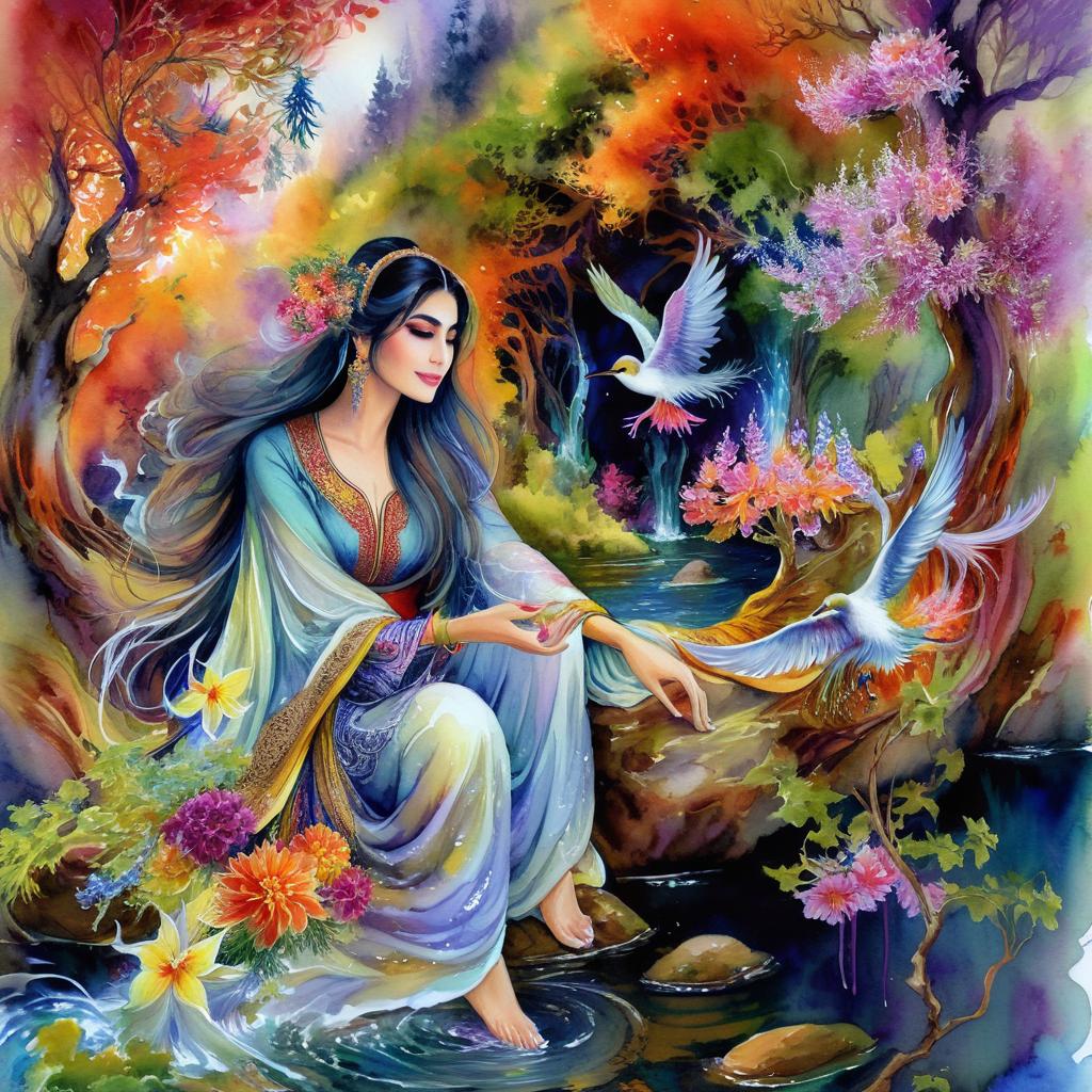 Mystical and spiritual watercolor painting of a beautiful Iranian woman sitting on a rock on a beautiful and peaceful pond in a dense forest with cypress trees, plane trees, grapevines, winding bonsai trees, and a whirlwind of colorful flowers and beautiful.