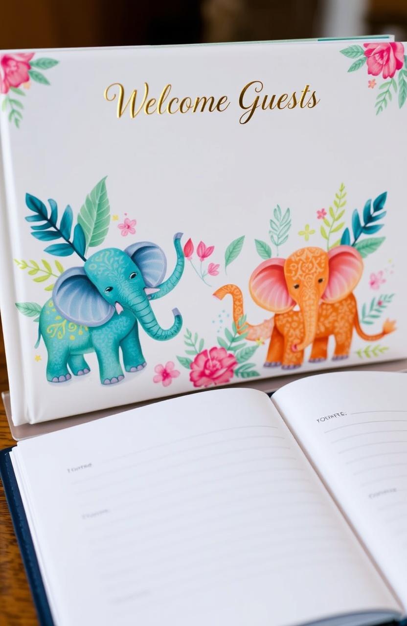 A beautifully designed welcome guest book with an elephant theme