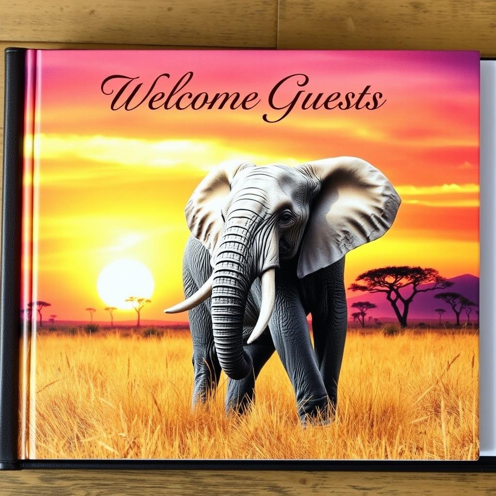 A stunning welcome guest book featuring an African elephant in the wild theme
