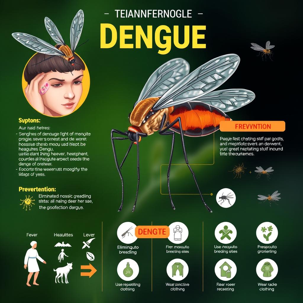 An attractive infographic about dengue featuring hyper-realistic illustrations