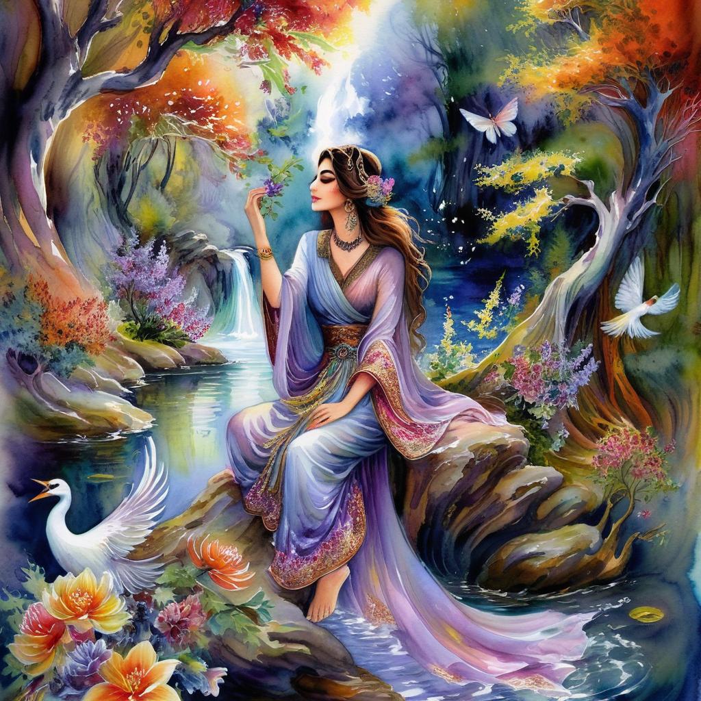 Mystical and spiritual watercolor painting of a beautiful Iranian woman sitting on a rock on a beautiful and peaceful pond in a dense forest with cypress trees, plane trees, grapevines, winding bonsai trees, and a whirlwind of colorful flowers and beautiful.
