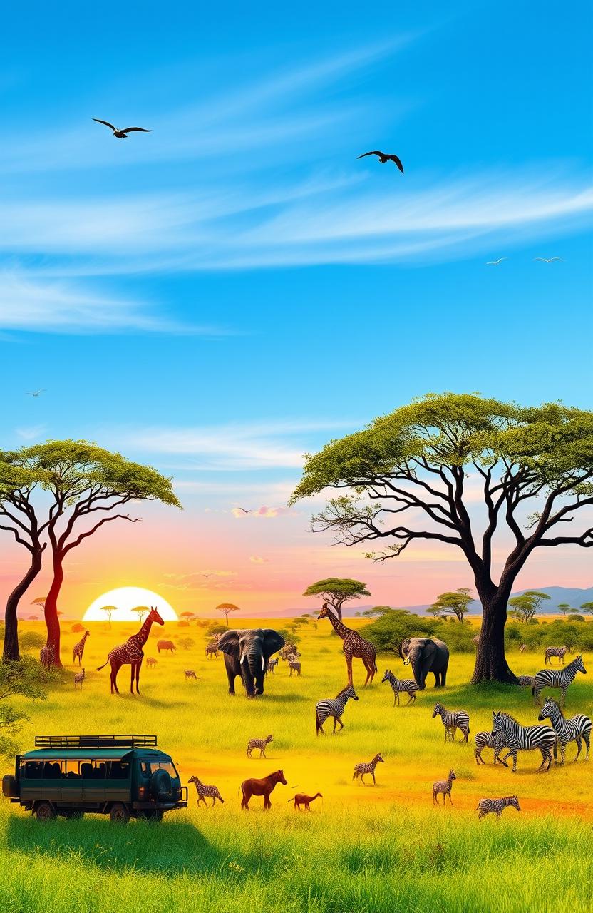 A vibrant safari scene depicting a savannah landscape with acacia trees under a clear blue sky