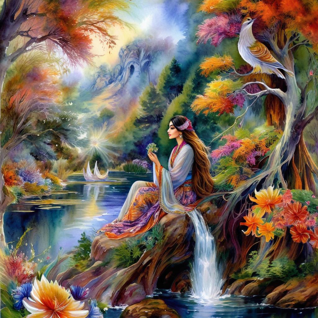 Mystical and spiritual watercolor painting of a beautiful Iranian woman sitting on a rock on a beautiful and peaceful pond in a dense forest with cypress trees, plane trees, grapevines, winding bonsai trees, and a whirlwind of colorful flowers and beautiful.