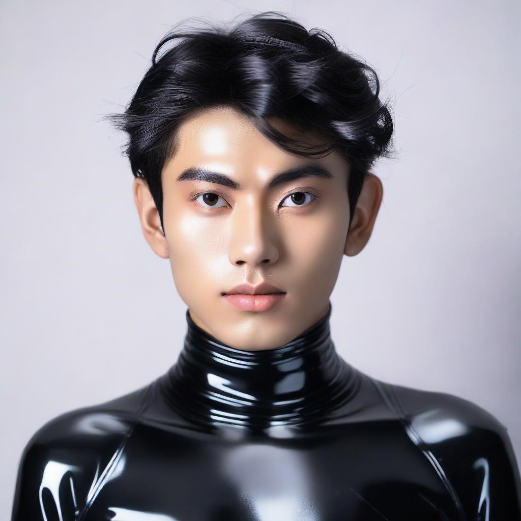 A 20-year-old Indonesian man with a slim face, large head, black hair, sharp nose, medium eyebrows, curled eyelashes, large eyes, without a mustache, dressed in a tight-fitting latex catsuit.