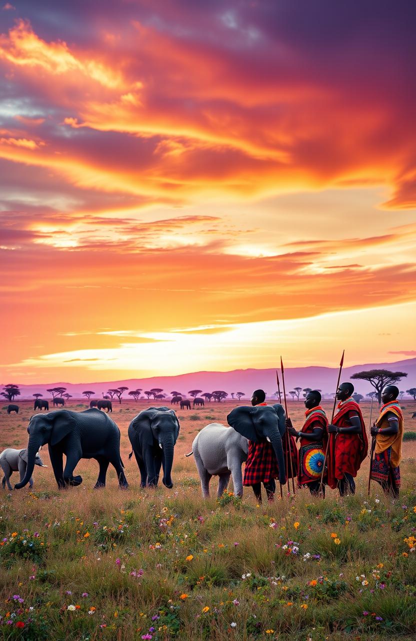 A vibrant and captivating maasai safari scene, showcasing a panoramic view of the African savannah at sunset, with a herd of elephants gracefully walking in the foreground