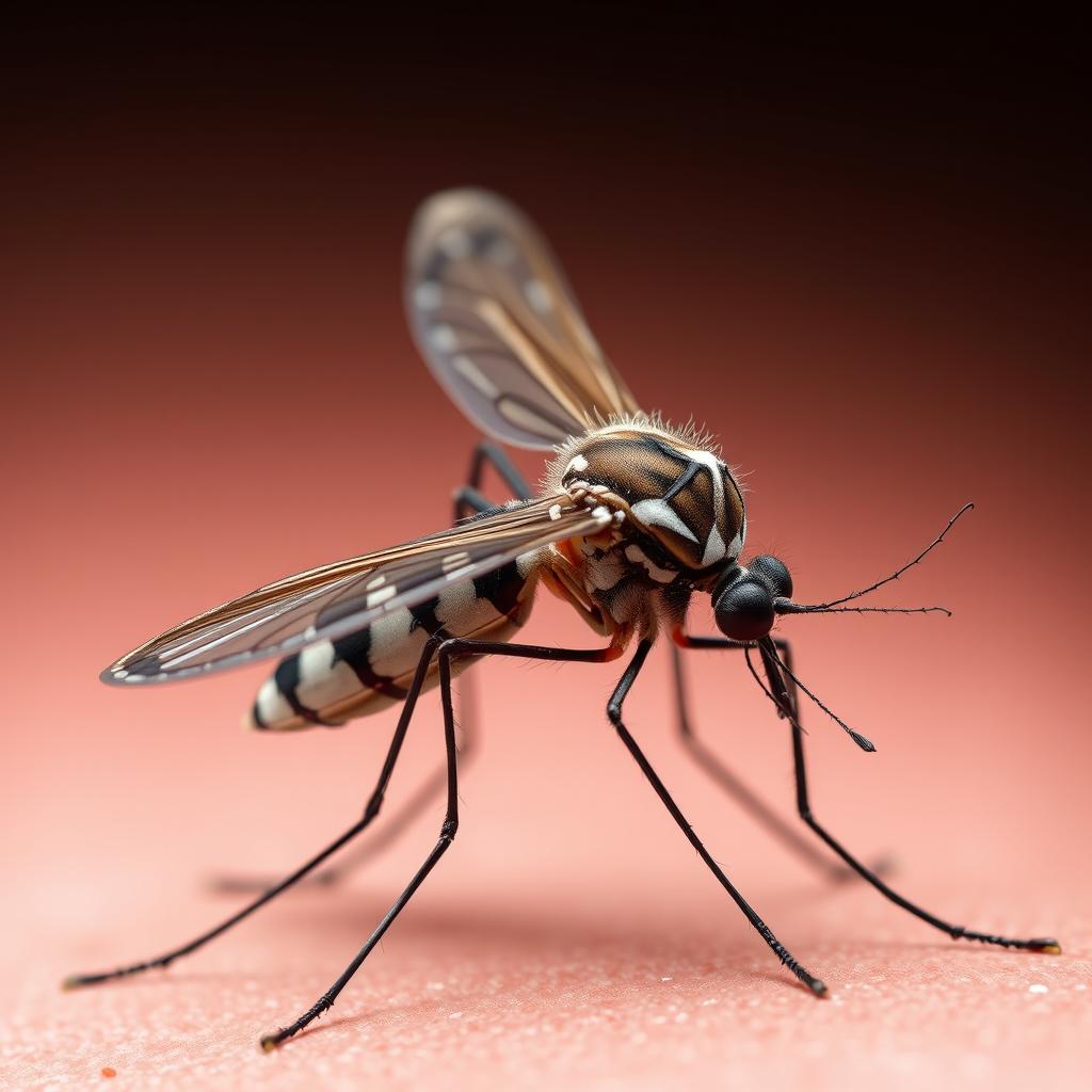 A hyper-realistic depiction of a dengue mosquito, designed to fit a letter-sized format