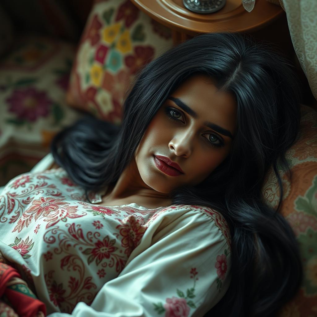 A heart-wrenching portrayal of a Pakistani woman lying on a bed, her tear-streaked face expressing deep sorrow