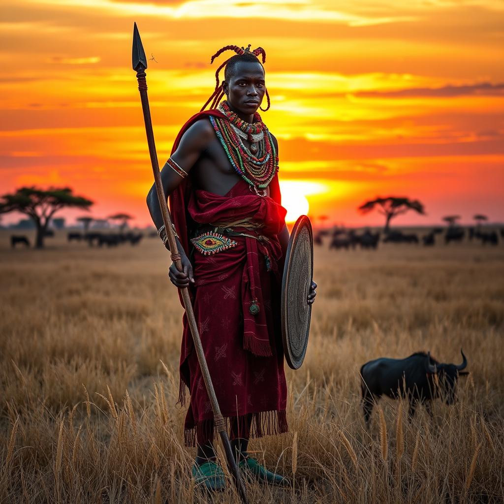 An impressive scene featuring a Maasai warrior in traditional attire, standing proud in the vast African savannah