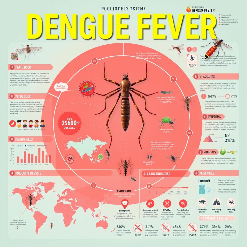 A hyper-realistic digital infographic illustrating the dengue fever disease