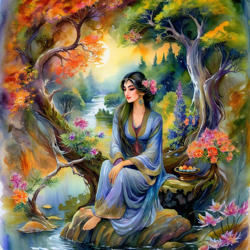 Mystical and spiritual watercolor painting of a beautiful Iranian woman sitting on a rock on a beautiful and peaceful pond in a dense forest with cypress trees, plane trees, grapevines, winding bonsai trees, and a whirlwind of colorful flowers and beautiful.