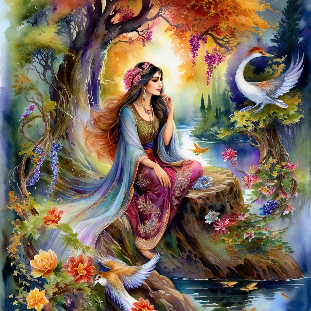 Mystical and spiritual watercolor painting of a beautiful Iranian woman sitting on a rock on a beautiful and peaceful pond in a dense forest with cypress trees, plane trees, grapevines, winding bonsai trees, and a whirlwind of colorful flowers and beautiful.