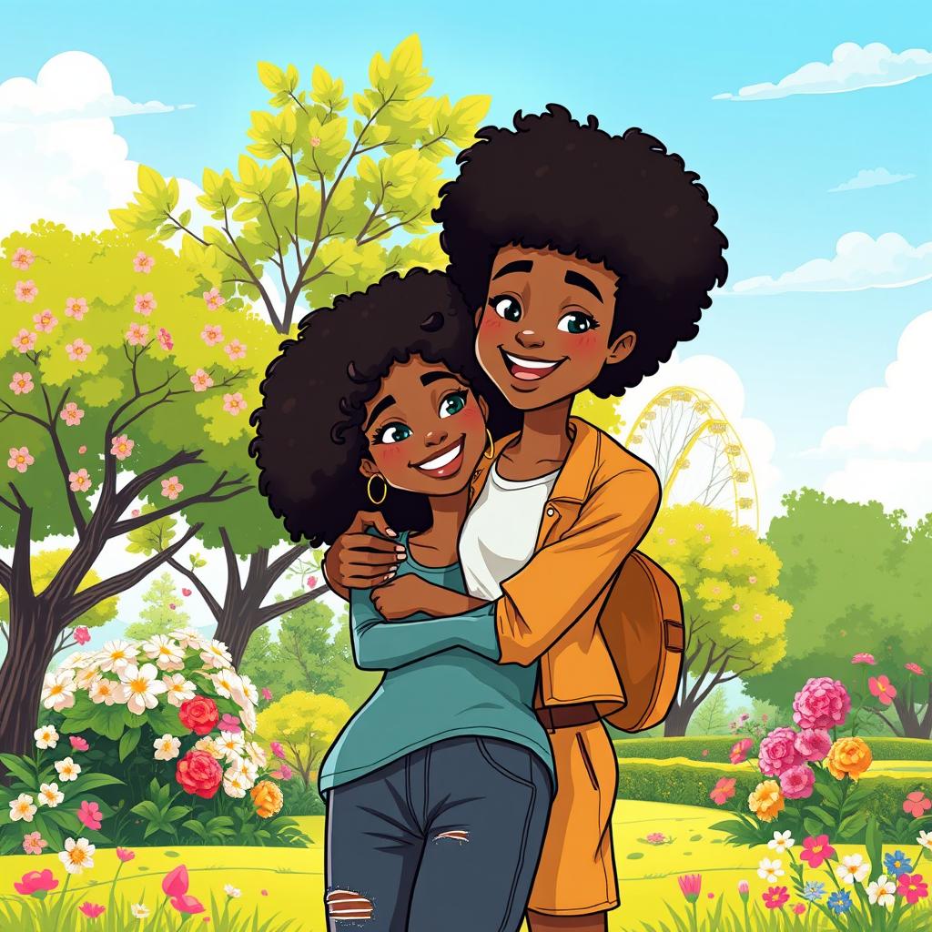 A vibrant and colorful illustration of a beautiful cartoon couple with afro hairstyles, embracing affectionately in a lush, sunny park
