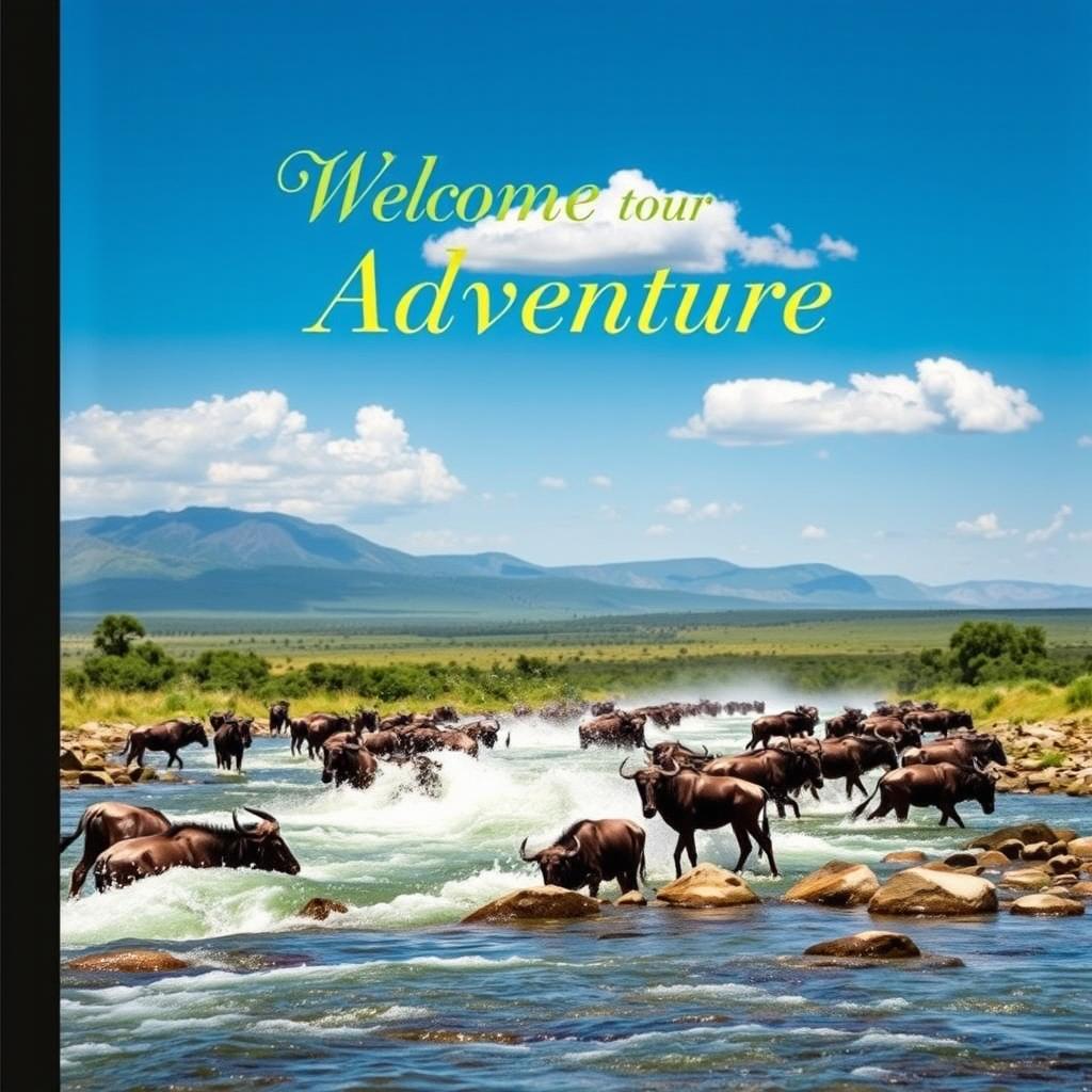 A captivating guest book cover design featuring a dramatic wildebeest river crossing scene inspired by the Maasai Mara