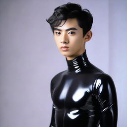 A 20-year-old Indonesian man with a slim face, large head, black hair, sharp nose, medium eyebrows, curled eyelashes, large eyes, without a mustache, dressed in a tight-fitting latex catsuit.