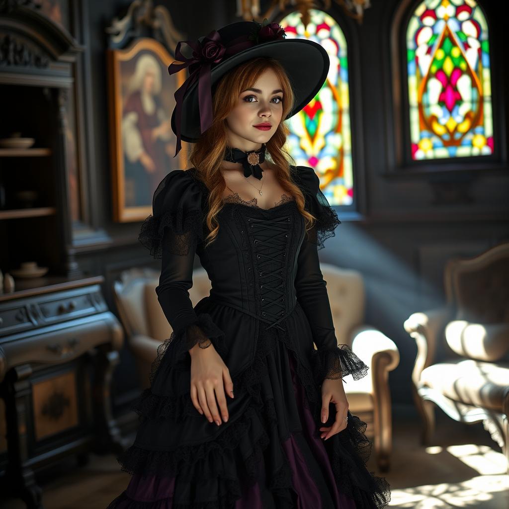 A young woman dressed in an elaborate Gothic Lolita dress, featuring layers of lace and ruffles, in deep blacks and rich purples
