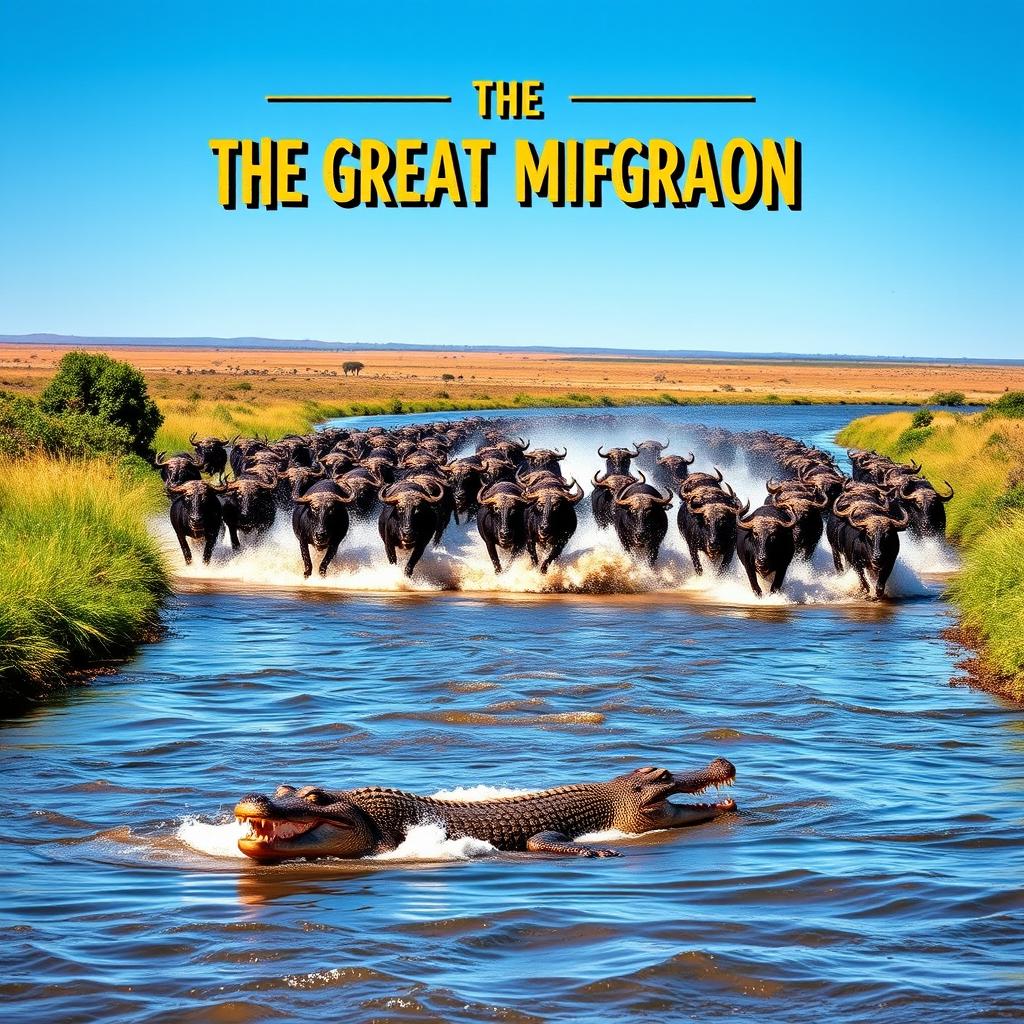 An exhilarating page design capturing the dramatic moment of wildebeest crossing a river, accompanied by the lurking presence of crocodiles, set in a vibrant safari theme