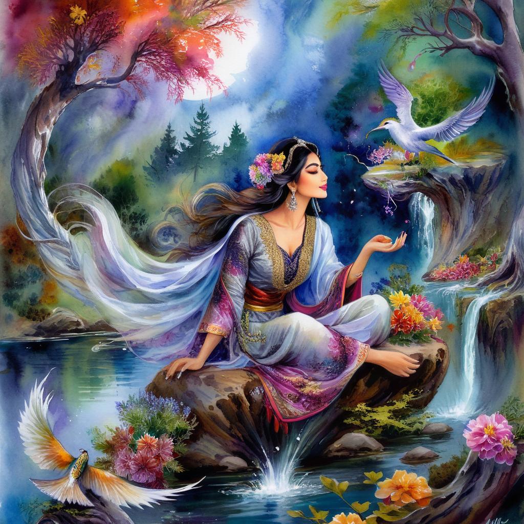 Mystical and spiritual watercolor painting of a beautiful Iranian woman sitting on a rock on a beautiful and peaceful pond in a dense forest with cypress trees, plane trees, grapevines, winding bonsai trees, and a whirlwind of colorful flowers and beautiful.