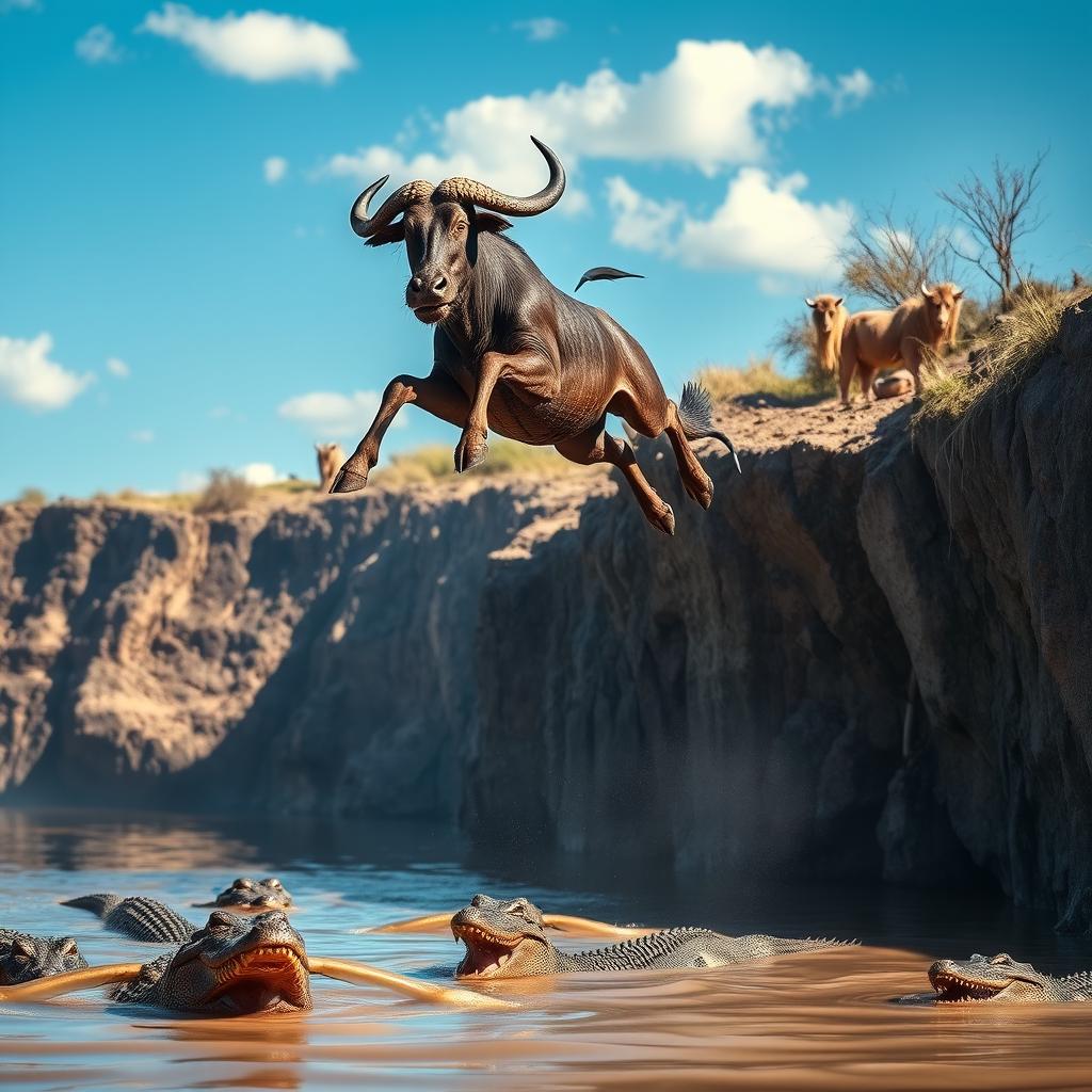 A thrilling scene depicting a wildebeest in mid-air, bravely leaping from a high cliff into a crocodile-infested river below