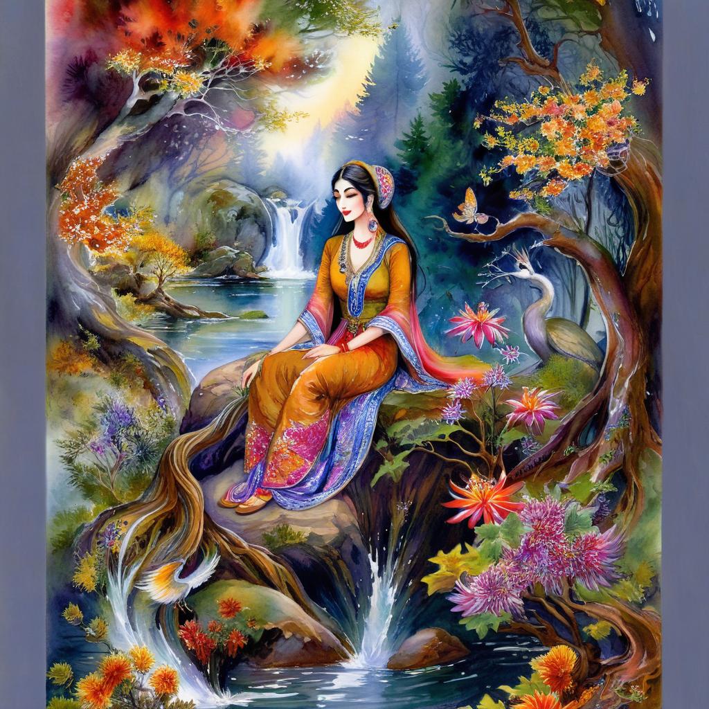 Mystical and spiritual watercolor painting of a beautiful Iranian woman sitting on a rock on a beautiful and peaceful pond in a dense forest with cypress trees, plane trees, grapevines, winding bonsai trees, and a whirlwind of colorful flowers and beautiful.