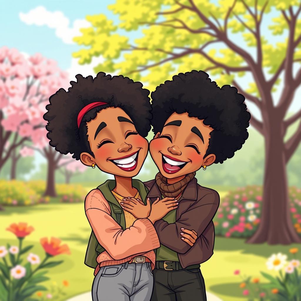 A vibrant and playful cartoon illustration of a light-skinned couple with afro kinky hairstyles, joyfully embracing each other