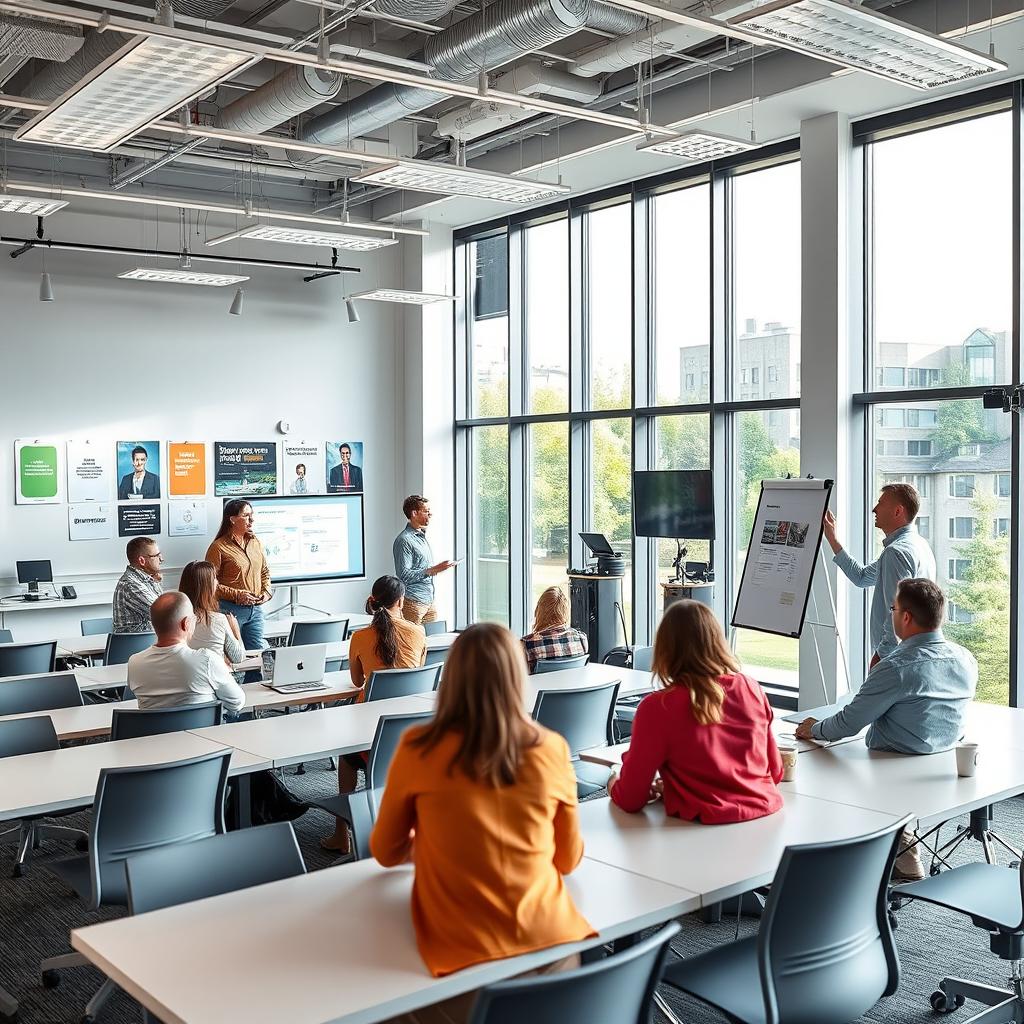 A modern training center, featuring a spacious and bright classroom filled with the latest technology