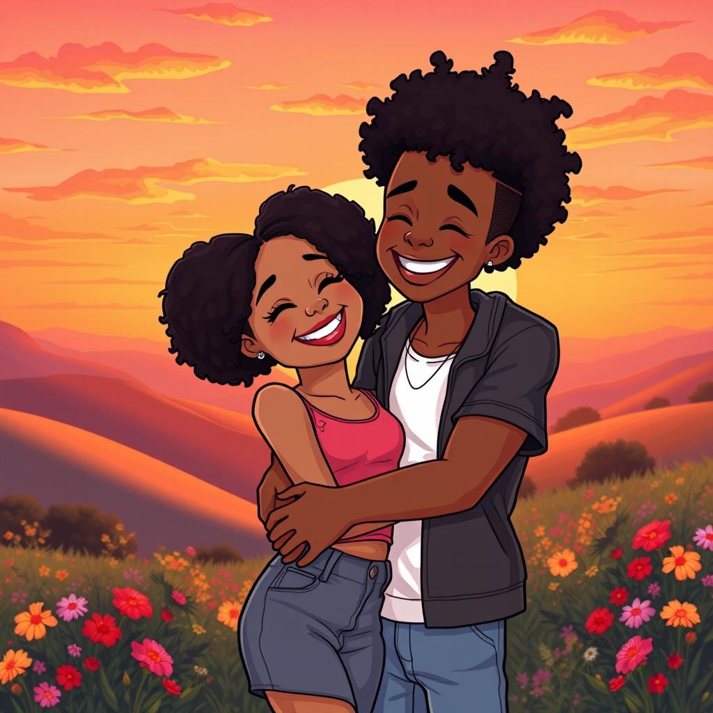 A vibrant and playful cartoon illustration of a light-skinned couple with afro kinky hairstyles, joyfully embracing each other against a beautifully detailed background