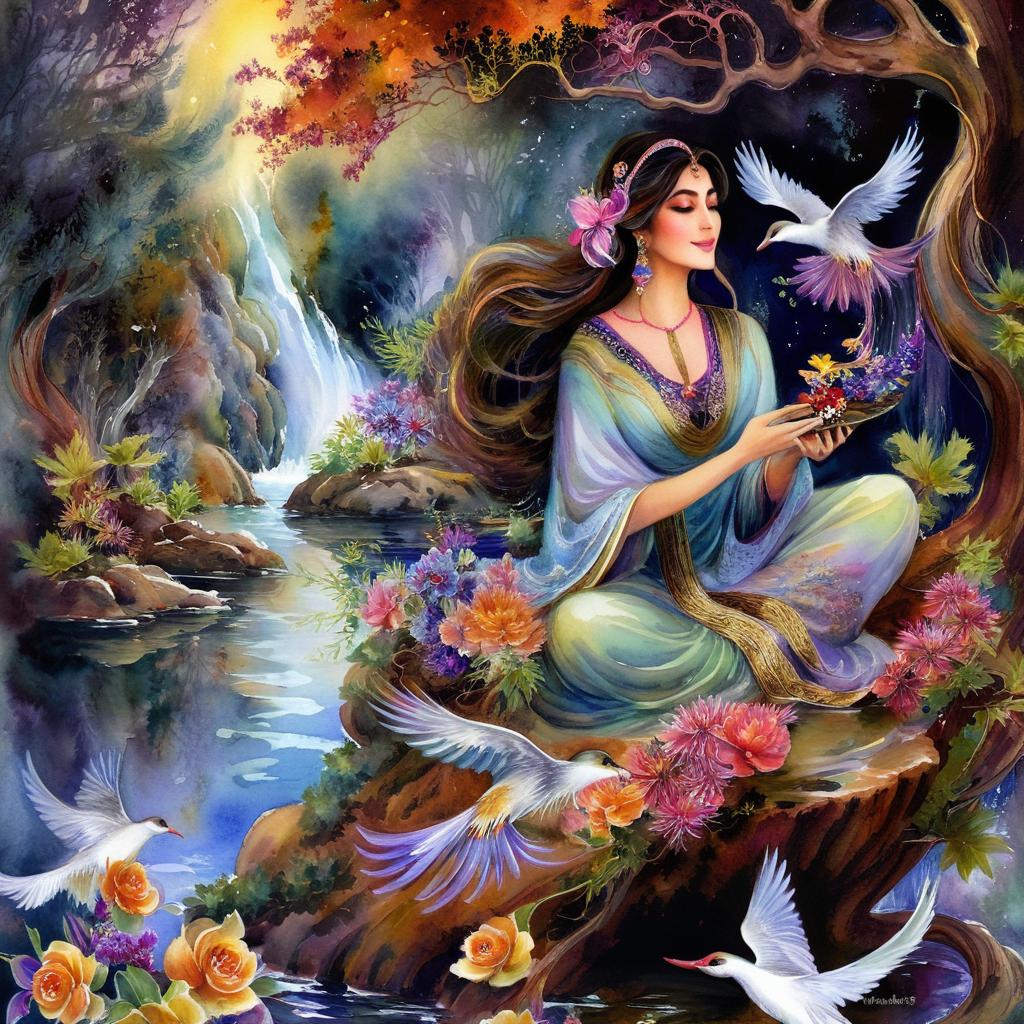 Mystical and spiritual watercolor painting of a beautiful Iranian woman sitting on a rock on a beautiful and peaceful pond in a dense forest with cypress trees, plane trees, grapevines, winding bonsai trees, and a whirlwind of colorful flowers and beautiful.