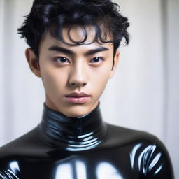 A 20-year-old Indonesian man with a slim face, large head, black hair, sharp nose, medium eyebrows, curled eyelashes, large eyes, without a mustache, dressed in a tight-fitting latex catsuit.