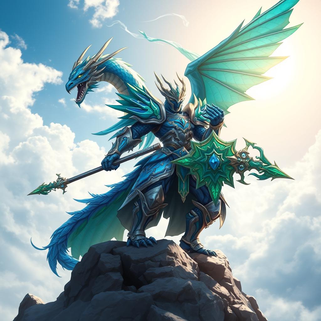 A majestic wind dragon knight inspired by the style of Summoners War, featuring an imposing armored figure adorned with intricate designs and vibrant blue and green hues that reflect the essence of wind