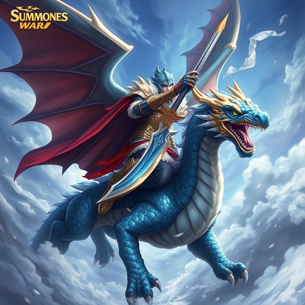 A majestic wind dragon knight inspired by Summoners War, featuring ornate armor decorated with wind motifs, flowing cape that seems to flutter in a gentle breeze, and a fierce expression