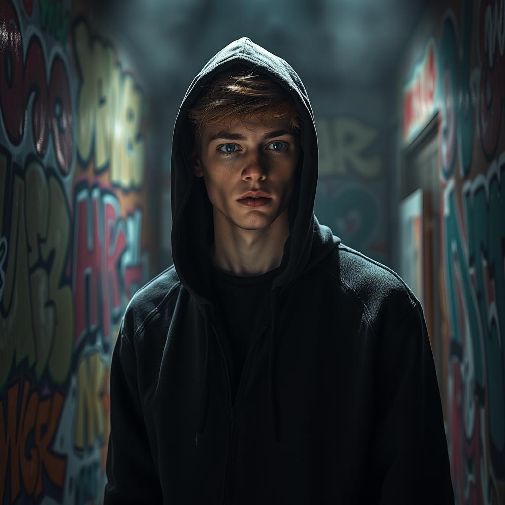 A hyper-realistic image of a white male teenager wearing a dark hooded sweatshirt, standing inside a dimly lit house