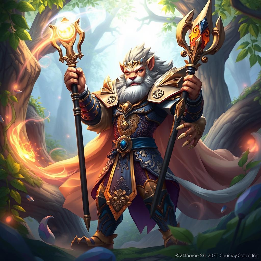 An epic fantasy illustration of a powerful character inspired by Leo from Summoners War, featuring a majestic lion-themed warrior dressed in intricate armor adorned with golden motifs