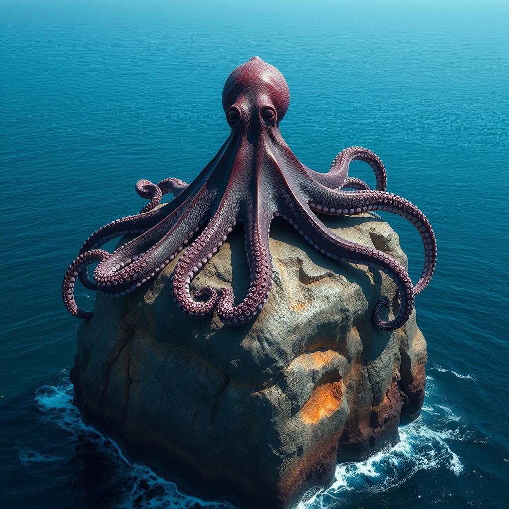 A colossal octopus perched majestically atop a massive rock in the vast ocean, with its tentacles elegantly draping down into the water