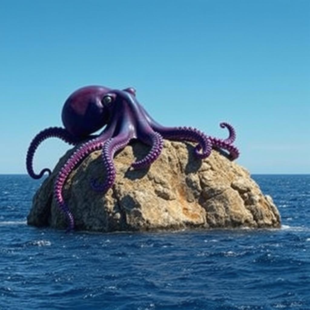 A gigantic octopus lounging on a colossal rock in the center of the vast ocean, with only the shimmering sea surrounding it