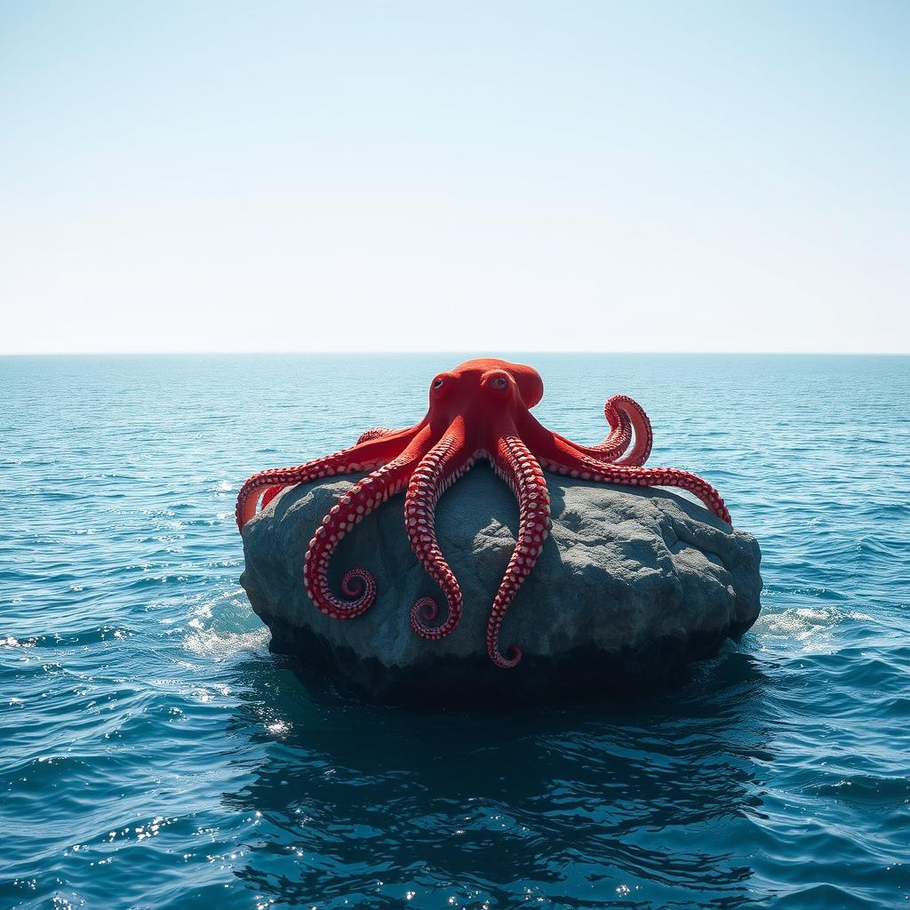 A stunning red gigantic octopus resting gracefully on an enormous rock in the middle of the ocean, surrounded by nothing but endless blue seas